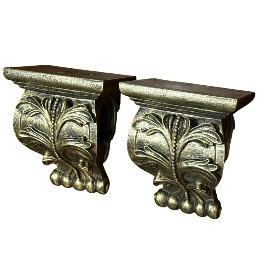Vintage Gold Ornate Curtain Rod Brackets Pair Hollywood Regency Drapery Holders